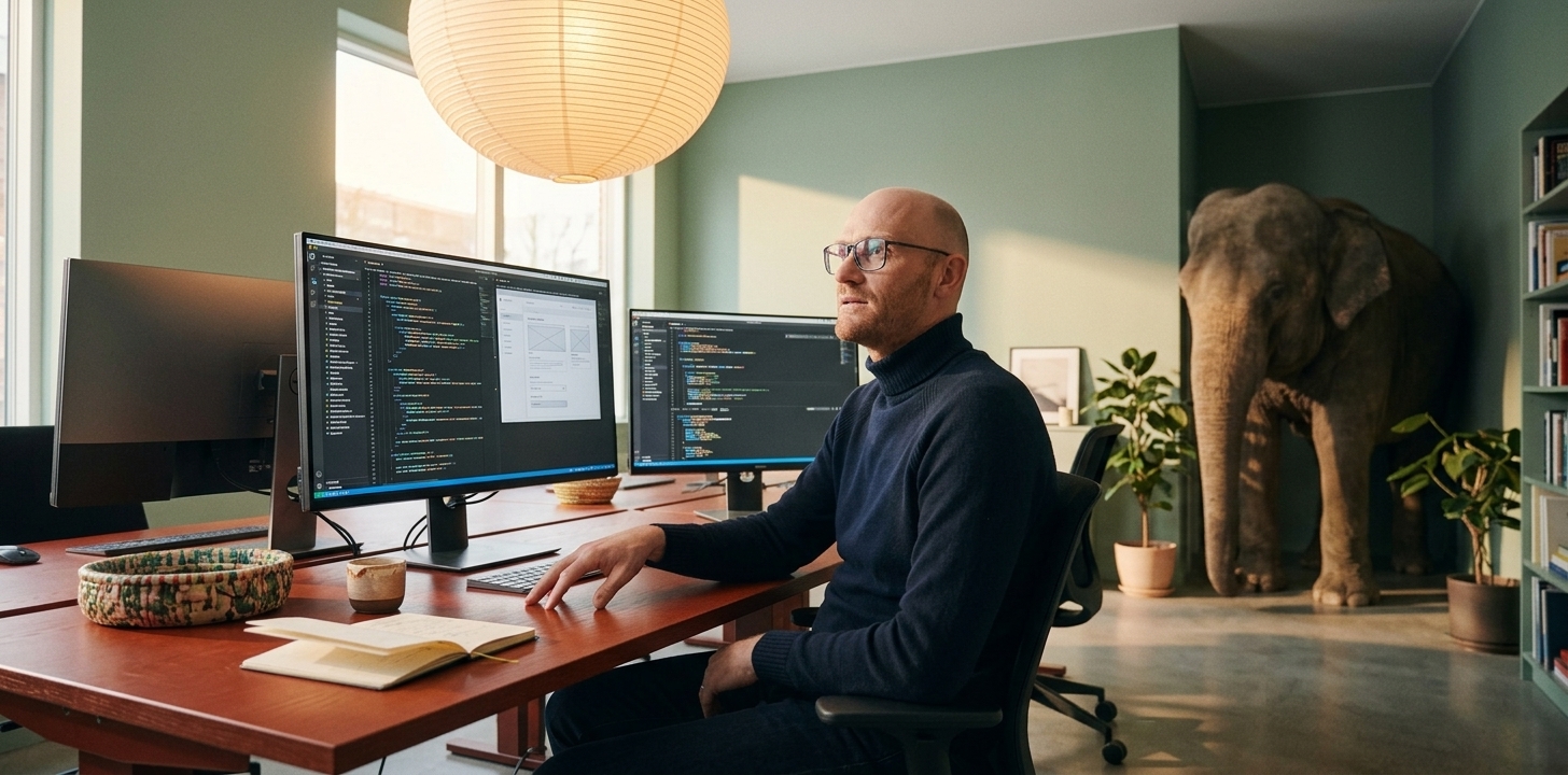 AI-generated office scene with elephant